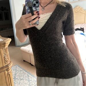 Fuzzy grey vintage 90s deep v short sleeve sweater preppy sexy
